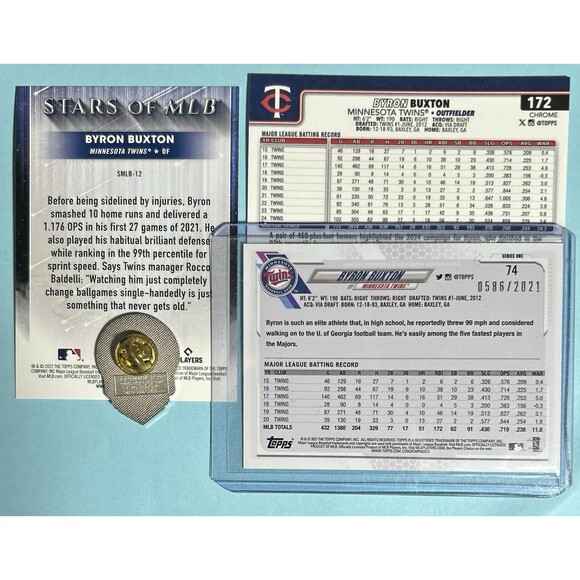 Twins Flag Pin + 3 Byron Buxton Cards-2021 Topps - #74 Gold /2021 ,TChrome#172+ - Picture 2 of 2